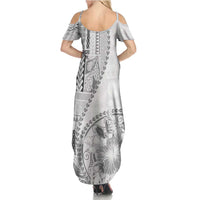 Samoa Siapo Elegant Family Matching Summer Maxi Dress and Hawaiian Shirt Hibiscus White Motifs - Polynesian Pride