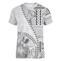 Samoa Siapo Elegant Women V-Neck T-Shirt Hibiscus White Motifs - Polynesian Pride
