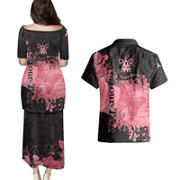 Personalized Breast Cancer Couples Matching Puletasi Dress and Hawaiian Shirt Survivor Polynesian Ribbon Butterfly LT05 - Polynesian Pride