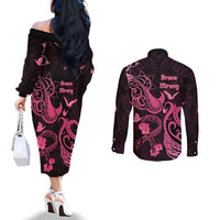 Breast Cancer Awareness Couples Matching Off The Shoulder Long Sleeve Dress and Long Sleeve Button Shirts Ribbon Polynesian Pattern Black Version LT05 - Polynesian Pride