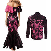Personalized Breast Cancer Awareness Couples Matching Mermaid Dress and Long Sleeve Button Shirts Ribbon Polynesian Pattern Black Version LT05 - Polynesian Pride