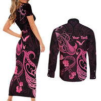 Personalized Breast Cancer Awareness Couples Matching Short Sleeve Bodycon Dress and Long Sleeve Button Shirts Ribbon Polynesian Pattern Black Version LT05 - Polynesian Pride