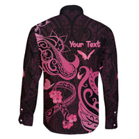 Personalized Breast Cancer Awareness Family Matching Off Shoulder Long Sleeve Dress and Hawaiian Shirt Ribbon Polynesian Pattern Black Version LT05 - Polynesian Pride