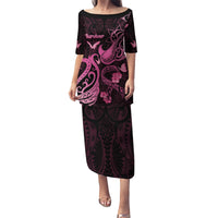Personalized Breast Cancer Awareness Family Matching Puletasi Dress and Hawaiian Shirt Ribbon Polynesian Pattern Black Version LT05 Mom's Dress Black - Polynesian Pride
