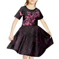 Personalized Breast Cancer Awareness Kid Short Sleeve Dress Ribbon Polynesian Pattern Black Version LT05 - Polynesian Pride
