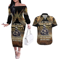 Polynesia Veterans Day Couples Matching Off The Shoulder Long Sleeve Dress and Hawaiian Shirt Thank You Veterans Polynesian Pattern