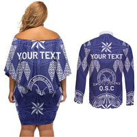 Personalised Queen Salote College Centenary Couples Matching Off Shoulder Short Dress and Long Sleeve Button Shirt Tongan Kupesi Pattern - Polynesian Pride