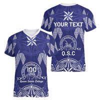 Personalised Queen Salote College Centenary Women V-Neck T-Shirt Tongan Kupesi Pattern - Polynesian Pride