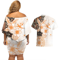 Fiji Couples Matching Off Shoulder Short Dress and Hawaiian Shirt Masi Tapa Pattern Brown LT05 - Polynesian Pride