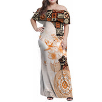 Fiji Family Matching Off Shoulder Maxi Dress and Hawaiian Shirt Masi Tapa Pattern Brown LT05 Mom's Dress Brown - Polynesian Pride