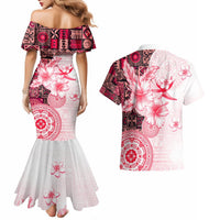 Fiji Couples Matching Mermaid Dress and Hawaiian Shirt Masi Tapa Pattern Red LT05 - Polynesian Pride