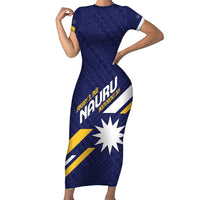 Personalised Happy Nauru Independence Day Family Matching Short Sleeve Bodycon Dress and Hawaiian Shirt Polynesian Pattern