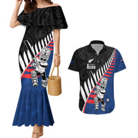 Custom New Zealand Auckland Cricket Couples Matching Mermaid Dress and Hawaiian Shirt With Maori Pattern LT05 Blue - Polynesian Pride