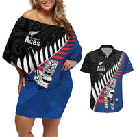 Custom New Zealand Auckland Cricket Couples Matching Off Shoulder Short Dress and Hawaiian Shirt With Maori Pattern LT05 Blue - Polynesian Pride