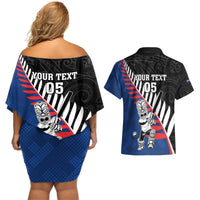 Custom New Zealand Auckland Cricket Couples Matching Off Shoulder Short Dress and Hawaiian Shirt With Maori Pattern LT05 - Polynesian Pride
