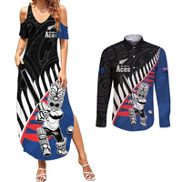 Custom New Zealand Auckland Cricket Couples Matching Summer Maxi Dress and Long Sleeve Button Shirt With Maori Pattern LT05 Blue - Polynesian Pride