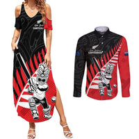 Custom New Zealand Canterbury Cricket Couples Matching Summer Maxi Dress and Long Sleeve Button Shirt With Maori Pattern LT05 Red - Polynesian Pride