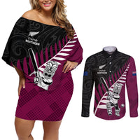 Custom New Zealand Northern Districts Cricket Couples Matching Off Shoulder Short Dress and Long Sleeve Button Shirt With Maori Pattern LT05 Maroon - Polynesian Pride