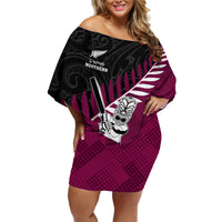 Custom New Zealand Northern Districts Cricket Family Matching Off Shoulder Short Dress and Hawaiian Shirt With Maori Pattern LT05 Mom's Dress Maroon - Polynesian Pride