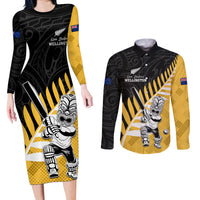 Custom New Zealand Wellington Cricket Couples Matching Long Sleeve Bodycon Dress and Long Sleeve Button Shirt With Maori Pattern