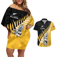 Custom New Zealand Wellington Cricket Couples Matching Off Shoulder Short Dress and Hawaiian Shirt With Maori Pattern LT05 Yellow - Polynesian Pride