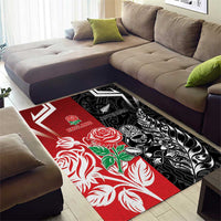 New Zealand And England Rugby Area Rug Maori Tiki With Red Rose Together