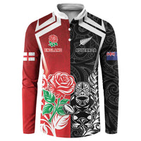 New Zealand And England Rugby Custom Button Sweatshirt Maori Tiki With Red Rose Together