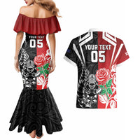 New Zealand And England Rugby Custom Couples Matching Mermaid Dress and Hawaiian Shirt Maori Tiki With Red Rose Together