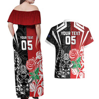 New Zealand And England Rugby Custom Couples Matching Off Shoulder Maxi Dress and Hawaiian Shirt Maori Tiki With Red Rose Together