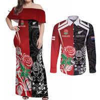 New Zealand And England Rugby Custom Couples Matching Off Shoulder Maxi Dress and Long Sleeve Button Shirt Maori Tiki With Red Rose Together