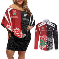 New Zealand And England Rugby Custom Couples Matching Off Shoulder Short Dress and Long Sleeve Button Shirt Maori Tiki With Red Rose Together