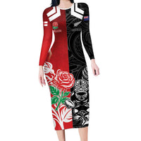 New Zealand And England Rugby Custom Family Matching Long Sleeve Bodycon Dress and Hawaiian Shirt Maori Tiki With Red Rose Together