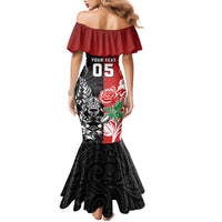 New Zealand And England Rugby Custom Family Matching Mermaid Dress and Hawaiian Shirt Maori Tiki With Red Rose Together