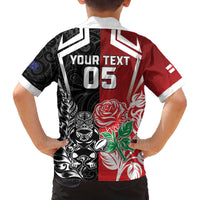 New Zealand And England Rugby Custom Family Matching Off The Shoulder Long Sleeve Dress and Hawaiian Shirt Maori Tiki With Red Rose Together
