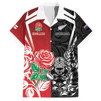 New Zealand And England Rugby Custom Family Matching Short Sleeve Bodycon Dress and Hawaiian Shirt Maori Tiki With Red Rose Together