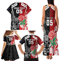 New Zealand And England Rugby Custom Family Matching Tank Maxi Dress and Hawaiian Shirt Maori Tiki With Red Rose Together