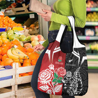 New Zealand And England Rugby Grocery Bag Maori Tiki With Red Rose Together