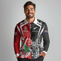 New Zealand And England Rugby Custom Long Sleeve Polo Shirt Maori Tiki With Red Rose Together