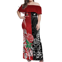 New Zealand And England Rugby Custom Off Shoulder Maxi Dress Maori Tiki With Red Rose Together