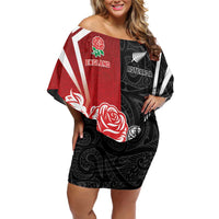 New Zealand And England Rugby Custom Off Shoulder Short Dress Maori Tiki With Red Rose Together