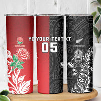 New Zealand And England Rugby Custom Skinny Tumbler Maori Tiki With Red Rose Together