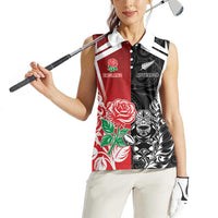 New Zealand And England Rugby Custom Women Sleeveless Polo Shirt Maori Tiki With Red Rose Together