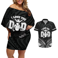 Personalised Happy Father's Day Couples Matching Off Shoulder Short Dress and Hawaiian Shirt I Love You Dad Polynesian Style LT05 Black - Polynesian Pride