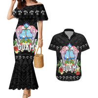 Guam Chamorro Couples Matching Mermaid Dress and Hawaiian Shirt Tribal Latte Stone With Dolphins Black