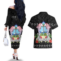 Guam Chamorro Couples Matching Off The Shoulder Long Sleeve Dress and Hawaiian Shirt Tribal Latte Stone With Dolphins Black