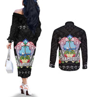Guam Chamorro Couples Matching Off The Shoulder Long Sleeve Dress and Long Sleeve Button Shirt Tribal Latte Stone With Dolphins Black