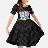 Guam Chamorro Family Matching Off The Shoulder Long Sleeve Dress and Hawaiian Shirt Tribal Latte Stone With Dolphins Black LT05 Daughter's Dress Black - Polynesian Pride