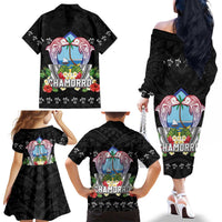 Guam Chamorro Family Matching Off The Shoulder Long Sleeve Dress and Hawaiian Shirt Tribal Latte Stone With Dolphins Black LT05 - Polynesian Pride