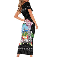 Guam Chamorro Family Matching Short Sleeve Bodycon Dress and Hawaiian Shirt Tribal Latte Stone With Dolphins Black