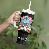 Guam Chamorro Tumbler With Handle Tribal Latte Stone With Dolphins Black